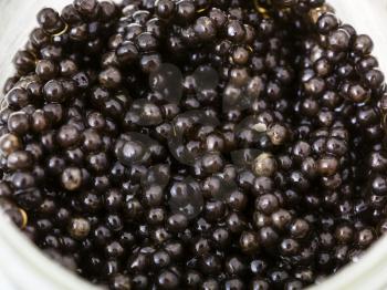 many black sturgeon caviar in glass jar close up
