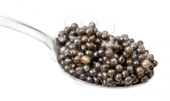 spoon with black sturgeon caviar isolated on white background