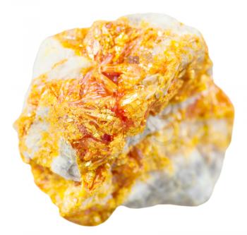 macro shooting of collection natural rock - yellow Orpiment mineral stone on dolomite isolated on white background