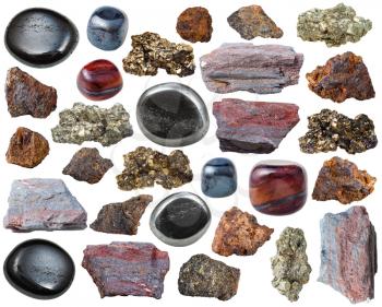 set of natural mineral gemstones - various iron ore stones and rocks isolated on white background