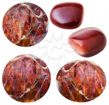 macro shooting of collection natural stones - various red sunstone cabochons and tumbled goldstones (synthetic Aventurine) gem stones isolated on white background