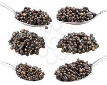 set of handfuls of black sturgeon caviar isolated on white background