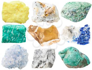 collection of different mineral rocks and stones - sulfur, pyrite crystals in quartzite, Fuchsite, amazonite, flint, lazurite with pyrite crystals, Celestine, magnesite, Malachite gem stones isolated