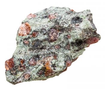 macro shooting of natural mineral stone - Eclogite crystalline rock with garnet (red) and omphacite (greyish-green) matrix isolated on white background