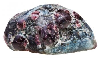 macro shooting of natural mineral stone - tumbled garnet gemstones in rock isolated on white background
