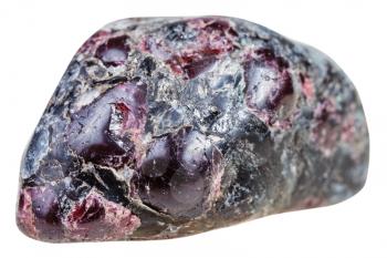 macro shooting of natural mineral stone - tumbled garnet (almandine) gemstones in rock isolated on white background