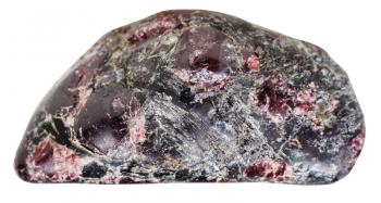 macro shooting of natural mineral stone - pebble with tumbled garnet (almandine) gemstones in rock isolated on white background