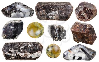set of natural mineral stones - specimens of Tourmaline, tourmaline dravite, black tourmaline (schorl) gemstones and crystals isolated on white background
