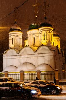 Church of the Trinity in Leaves on Sretenka street under snow in Moscow in winter night