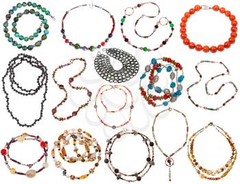 set of necklaces from natural gemstones, coral, pearl, bone, chain, beads isolated on white background