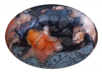 macro shooting - cabochon from mookaite (australian jasper) with hematite mineral gemstone isolated on white background