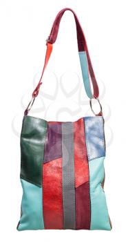 front view of shoulder bag from multi-colored leather pieces isolated on white background