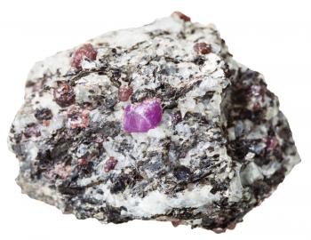 macro shooting of natural rock specimen - piece of mineral stone with Corundum crystals isolated on white background