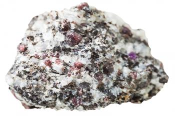 macro shooting of natural rock specimen - pebble with Corundum crystals isolated on white background