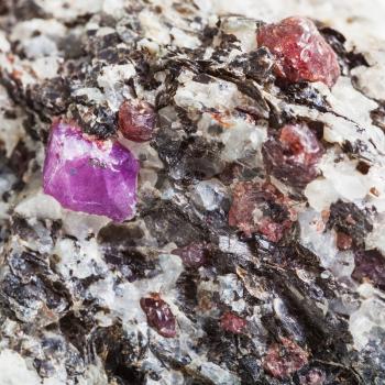 macro shooting of natural rock specimen - Corundum crystals in mineral stone close up