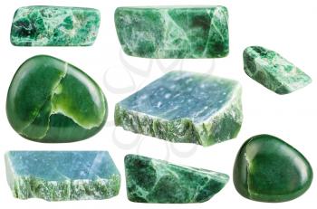 set of various green nephrite gemstones isolated on white background