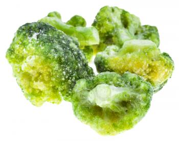 several frozen broccoli isolated on white background