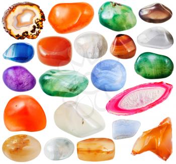 set of various crystalline agate natural mineral stones and gemstones isolated on white background