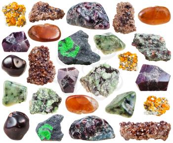 set of various garnets natural mineral stones, crystals and gemstones isolated on white background