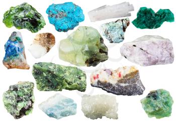 set of various natural mineral gemstones and crystals - turquoise, lizardite, prehnite, serpentine, demantoid, violane, dioptase, opal, garnet, siberian emerald, etc isolated on white background