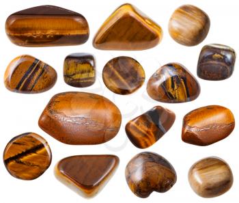 set of tigers eye (tiger-eye, tigereye, tigers-eye) mineral stones and gemstones isolated on white background