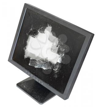 above view of broken monitor with damaged glass screen isolated on white background