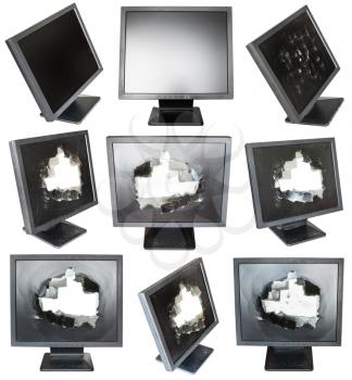 set of old black LCD monitors with damaged screens isolated on white background