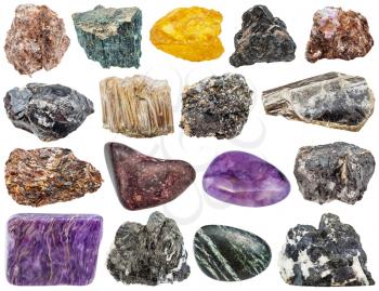 set of various natural mineral stones and gemstones - charoite, mica, phlogopite, corundum, sulfur, knopite, perovskite, piemontite, titanite, muscovite, asbestos, chrysotile, ilmenite, sphalerite