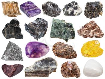 set of various natural mineral stones - sphene, muscovite, stibnite, antimonite, asbestos, chrysotile, amosite, ilmenorutile, rutile, ilmenite, sphalerite, charoite, mica, phlogopite, corundum, etc