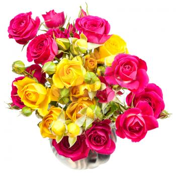 bouquet of pink and yellow rose spray flowers in jug on white background