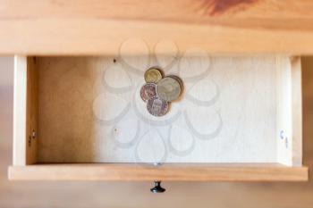 above view of few Swedish coins in open drawer of nightstand