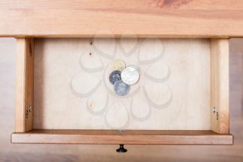 top view of few Swedish krona coins in open drawer of nightstand