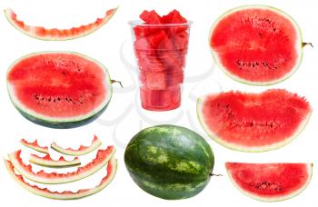 set from whole and sliced watermelons and rinds isolated on white background