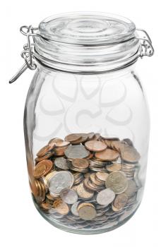 closed glass jar with saved money isolated on white background