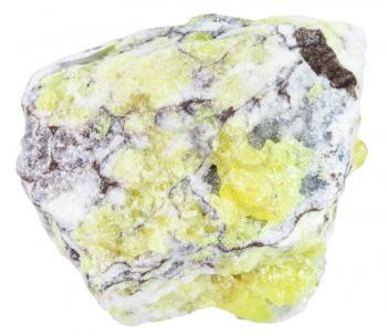 macro shooting of mineral resources - sulfur ( brimstone, sulphur) vein in rock isolated on white background