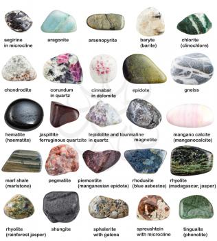 various polished minerals with names isolated on white background