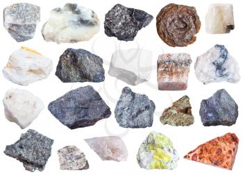 collection of natural mineral specimens - apatite, anhydrite, chalk, molybdenite, bornite, halite, chromite, wolframite, antimonite, bauxite, barite, sulfur, talc, magnetite, limonite, etc, isolated
