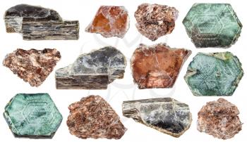 set of various mica (phlogopite) minerals isolated on white background