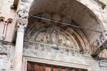 travel to Italy - decoration of facade of San Zeno Basilica (San Zeno Maggiore, San Zenone) in Verona city