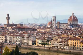 travel to Italy - above view of old town in Florence from Piazzale Michelangelo in autumn evening