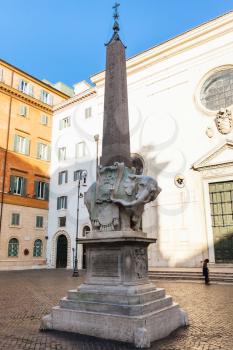 travel to Italy - Egyptian Obelisk with Elephant by Bernini and Basilica of Saint Mary above Minerva (Church Santa Maria sopra Minerva) on square Piazza della Minerva in Rome city