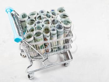 supermarket trolley with rolls from dollar banknotes on concrete plate