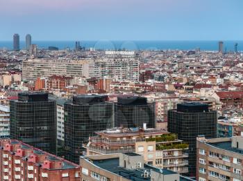 Barcelona city skyline in evening gloaming in spring