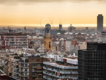 yellow dawning over Barcelona city in spring