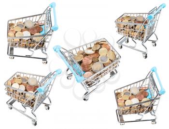set from shopping carts with euro coins isolated on white background