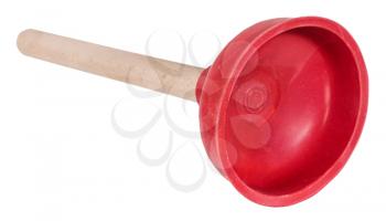 bottom view of common household plumbing sink plunger with wooden stick and red rubber suction cup isolated on white background