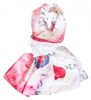 tied silk scarf hand painted in cold batik technique with red heart isolated on white background