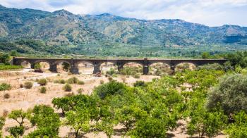 agricultural tourism in Italy - citrus garden and bridge in Alcantara river valley in Sicily