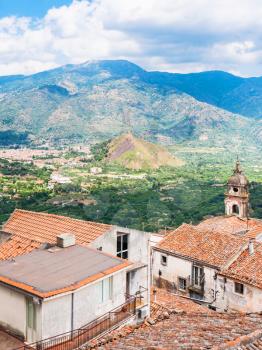 travel to Italy - view of Francavilla di Sicilia town in mountain valley from Castiglione di Sicilia town in Sicily