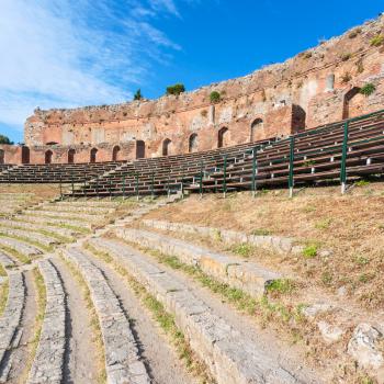 travel to Italy - stone seats in ancient Teatro Greco (Greek Theatre) in Taormina city in Sicily in Sicily